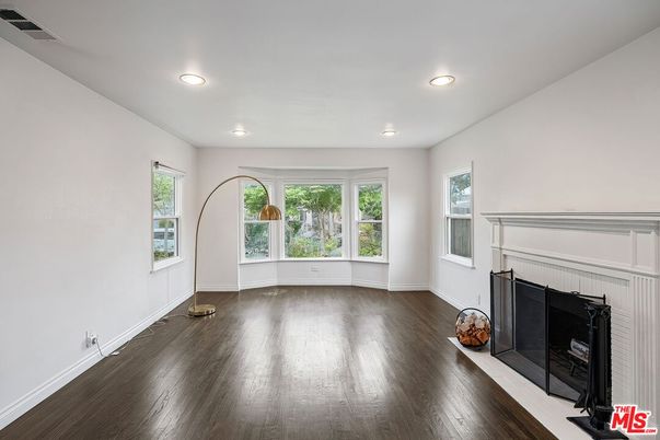 Empty room, Fireplace, Interior, Recessed Lighting, Wood Texture Flooring