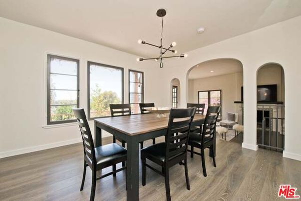 Dining room, Fireplace, Interior, Pendant Lights, Recessed Lighting, Wood Texture Flooring