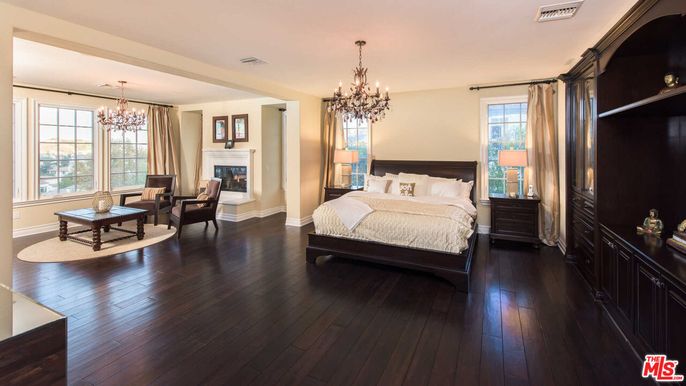 Bedroom, Chandelier, Fireplace, Interior, Wood Texture Flooring
