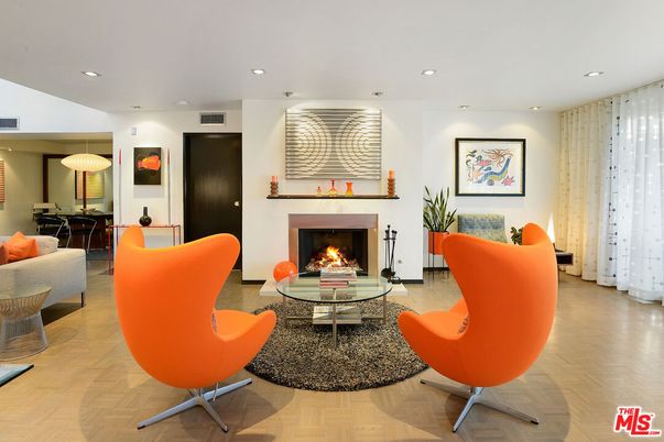 Dining room, Fireplace, Interior, Living room, Pendant Lights, Recessed Lighting, Wood Texture Flooring