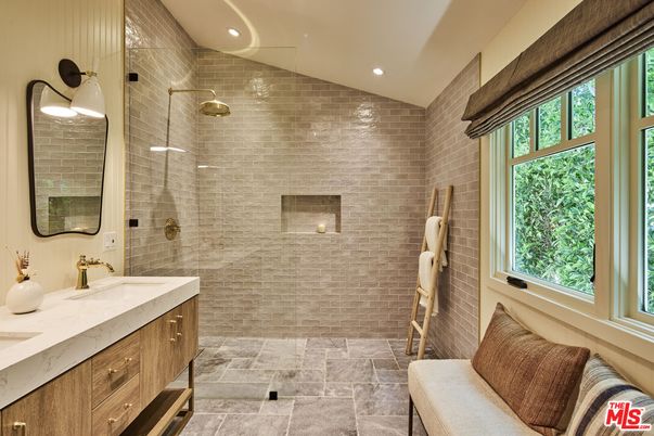 Bathroom, Dual Sink Vanities, Glass Shower, Interior, Recessed Lighting, Stone Walls
