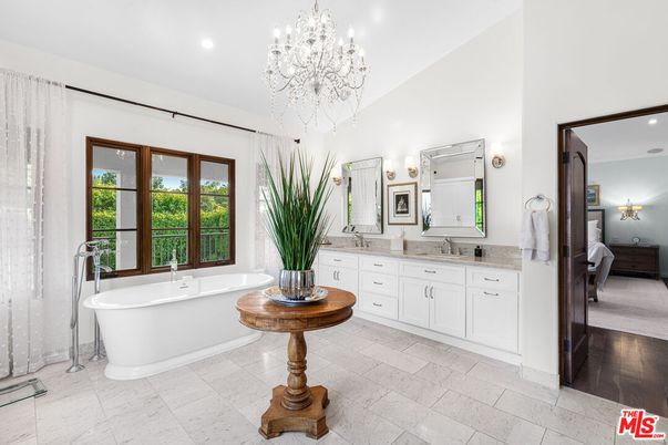 Bathroom, Chandelier, Dual Sink Vanities, Free Standing Baths, Interior, Recessed Lighting, Wood Texture Flooring
