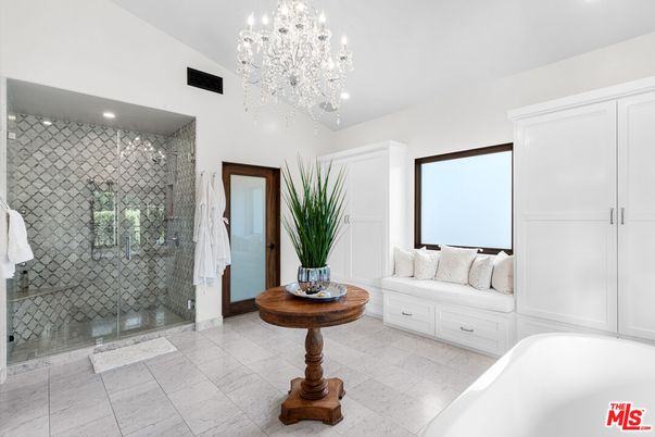 Bathroom, Chandelier, Glass Shower, Interior, Recessed Lighting