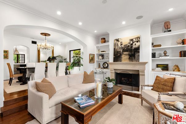 Chandelier, Dining room, Fireplace, Interior, Living room, Recessed Lighting, Wood Texture Flooring