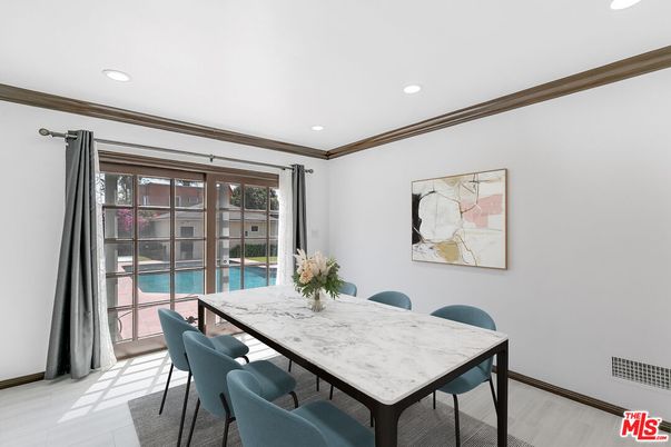 Dining room, Interior, Recessed Lighting, Wood Texture Flooring