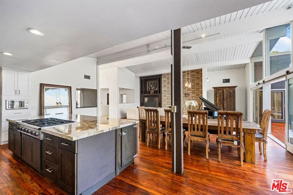 Dining room, Interior, Kitchen, Recessed Lighting, Stone Walls, Wood Texture Flooring