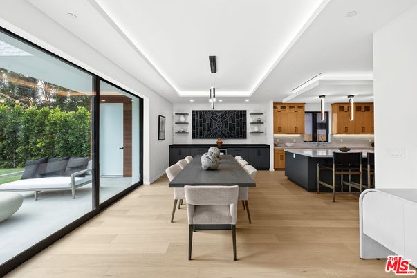 Dining room, Interior, Kitchen, Pendant Lights, Recessed Lighting, Wood Texture Flooring