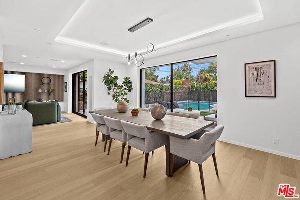 Dining room, Interior, Pendant Lights, Recessed Lighting, Wood Texture Flooring