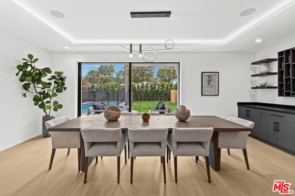Dining room, Interior, Pendant Lights, Recessed Lighting, Wood Texture Flooring