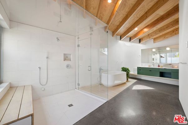 Bathroom, Free Standing Baths, Glass Shower, Interior, Recessed Lighting, Wooden Beams, Wooden Ceilings