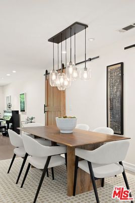 Dining room, Interior, Pendant Lights, Recessed Lighting, Wood Texture Flooring