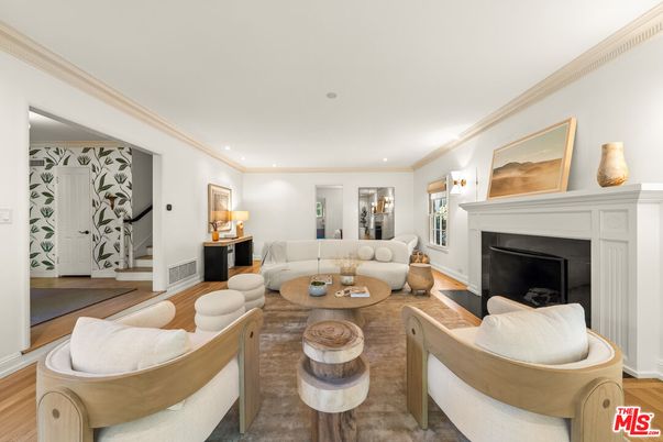 Fireplace, Interior, Living room, Recessed Lighting, Wood Texture Flooring