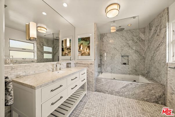 Bathroom, Dual Sink Vanities, Glass Shower, Interior, Marble Walls, Recessed Lighting