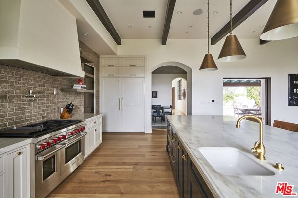 Interior, Kitchen, Pendant Lights, Recessed Lighting, Stainless Steel Appliances, Wooden Beams, Wood Texture Flooring