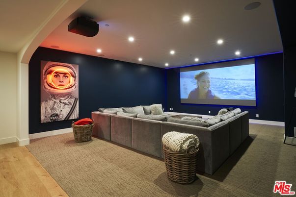 Interior, Projection Screen, Recessed Lighting, Theatre Room, Wood Texture Flooring