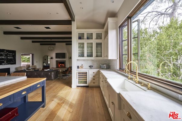 Fireplace, Interior, Kitchen, Living room, Recessed Lighting, Wooden Beams, Wood Texture Flooring