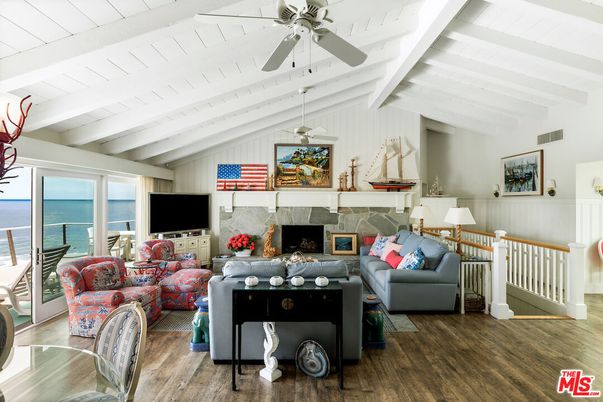 Fireplace, Interior, Living room, Stone Walls, Water, Wood Texture Flooring