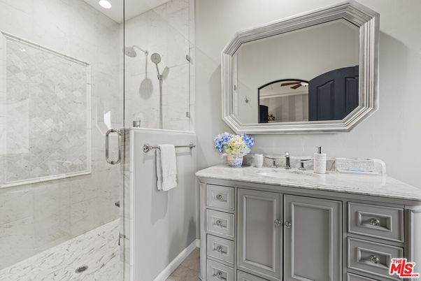 Bathroom, Glass Shower, Interior, Marble, Marble Walls, Recessed Lighting