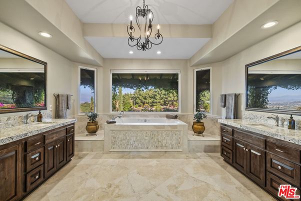Bathroom, Chandelier, Dual Sink Vanities, Interior, Recessed Lighting