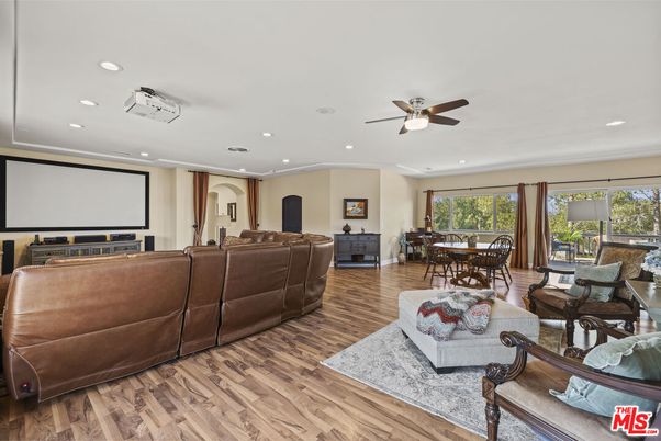 Dining room, Interior, Living room, Projection Screen, Recessed Lighting, Wood Texture Flooring