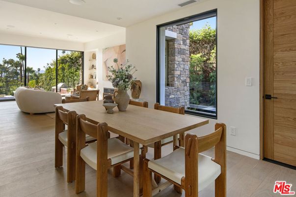 Dining room, Fireplace, Interior, Recessed Lighting, Wood Texture Flooring
