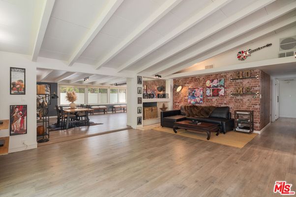 Dining room, Fireplace, Interior, Living room, Stone Walls, Wood Texture Flooring