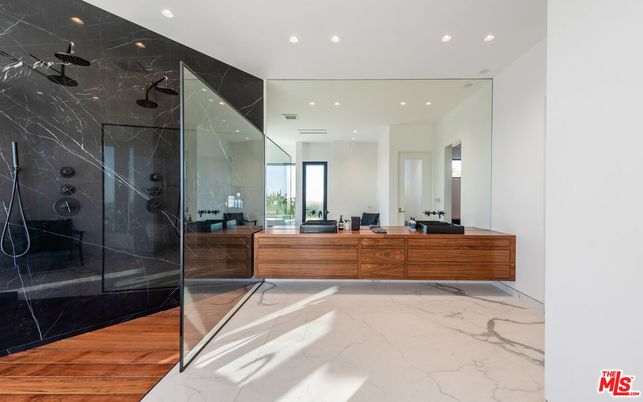 Bathroom, Glass Shower, Interior, Marble, Marble Walls, Recessed Lighting, Wood Texture Flooring