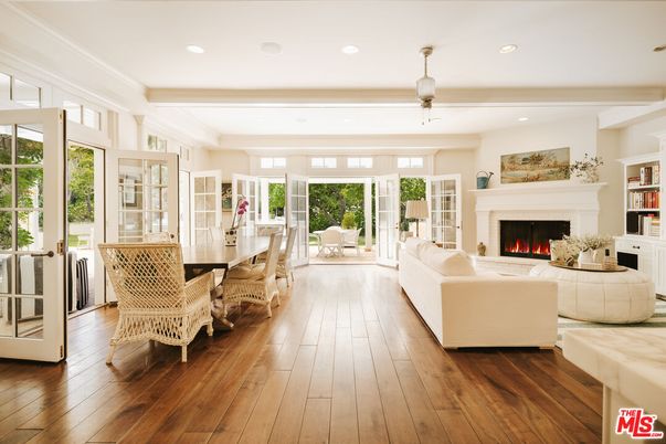 Dining room, Fireplace, Interior, Living room, Pendant Lights, Recessed Lighting, Wood Texture Flooring