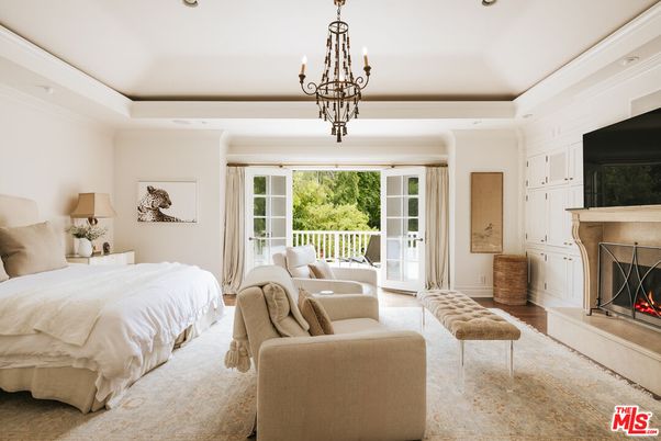 Bedroom, Chandelier, Fireplace, Interior, Recessed Lighting, Wood Texture Flooring
