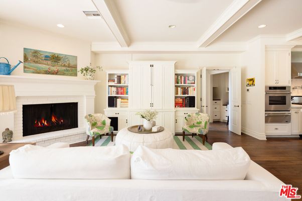 Fireplace, Interior, Kitchen, Living room, Recessed Lighting, Stainless Steel Appliances, Wood Texture Flooring