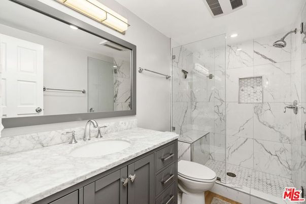 Bathroom, Glass Shower, Interior, Marble Walls, Recessed Lighting