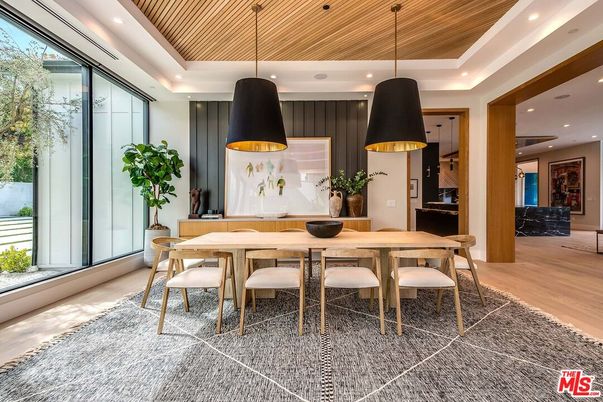 Dining room, Interior, Pendant Lights, Recessed Lighting, Wooden Ceilings, Wood Texture Flooring