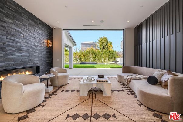Fireplace, Interior, Living room, Recessed Lighting, Stone Walls