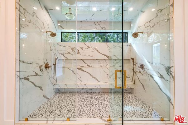 Bathroom, Glass Shower, Interior, Marble Walls, Recessed Lighting
