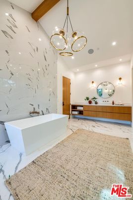 Bathroom, Free Standing Baths, Interior, Marble, Marble Walls, Pendant Lights, Recessed Lighting, Wooden Beams