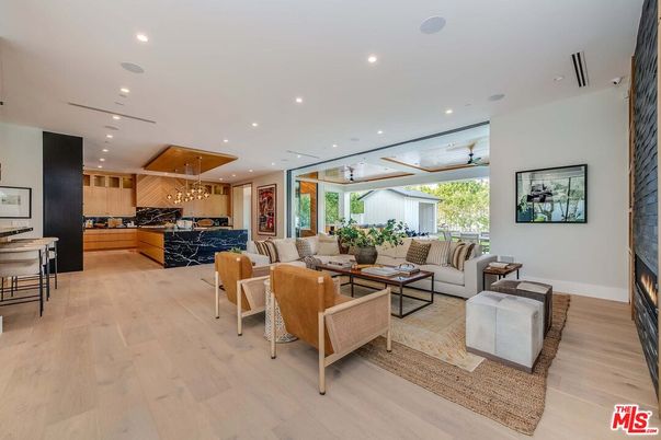 Dining room, Fireplace, Interior, Kitchen, Living room, Pendant Lights, Recessed Lighting, Wood Texture Flooring