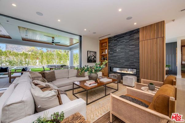 Fireplace, Interior, Living room, Recessed Lighting, Stone Walls