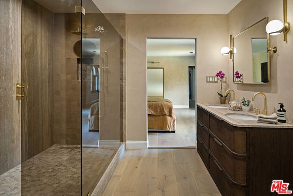 Bathroom, Glass Shower, Interior, Recessed Lighting, Wood Texture Flooring