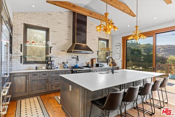 Interior, Kitchen, Pendant Lights, Recessed Lighting, Stainless Steel Appliances, Stone Walls, Wooden Beams, Wood Texture Flooring