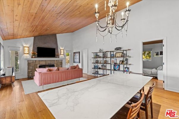 Chandelier, Dining room, Fireplace, Interior, Living room, Wooden Ceilings, Wood Texture Flooring