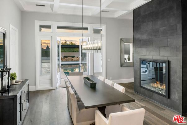 Dining room, Fireplace, Interior, Pendant Lights, Water, Wood Texture Flooring