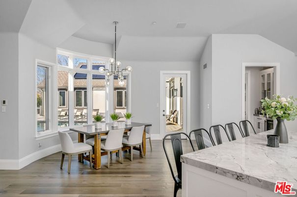 Dining room, Interior, Pendant Lights, Wood Texture Flooring