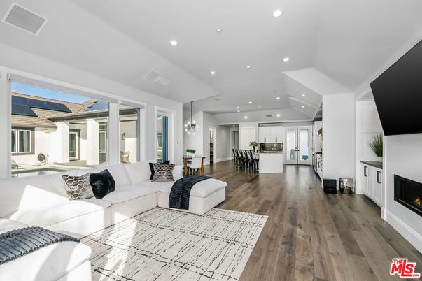 Dining room, Fireplace, Interior, Kitchen, Living room, Pendant Lights, Recessed Lighting, Wood Texture Flooring