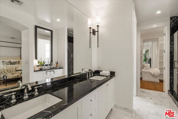 Bathroom, Dual Sink Vanities, Interior, Marble, Recessed Lighting, Wood Texture Flooring