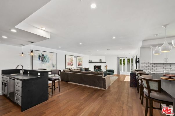 Dining room, Fireplace, Interior, Kitchen, Living room, Pendant Lights, Recessed Lighting, Wood Texture Flooring