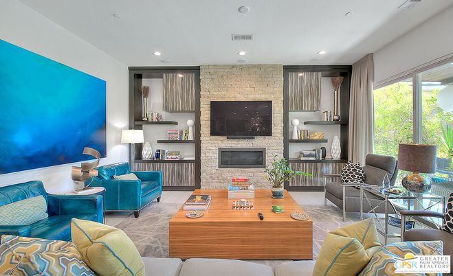 Fireplace, Interior, Living room, Recessed Lighting, Stone Walls