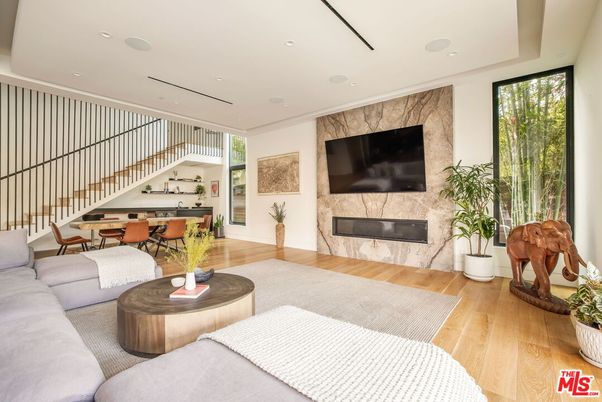 Dining room, Fireplace, Interior, Living room, Piano, Recessed Lighting, Wood Texture Flooring