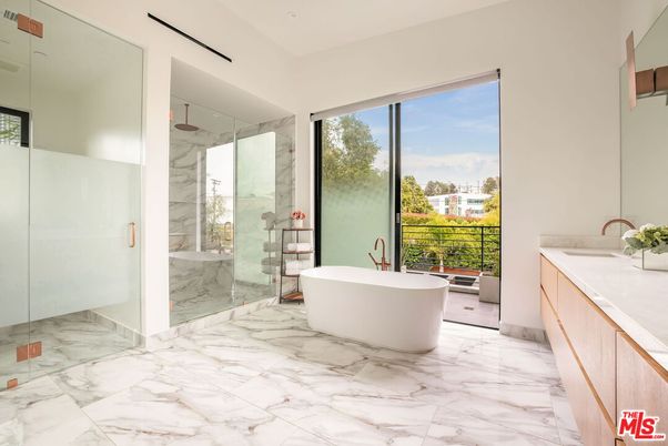 Bathroom, Free Standing Baths, Glass Shower, Interior, Marble, Marble Walls, Recessed Lighting