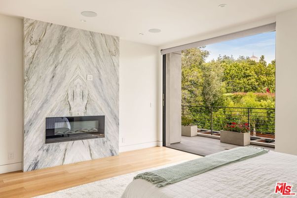 Bedroom, Fireplace, Interior, Marble Walls, Recessed Lighting, Wood Texture Flooring