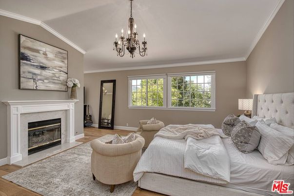 Bedroom, Chandelier, Fireplace, Interior, Wood Texture Flooring